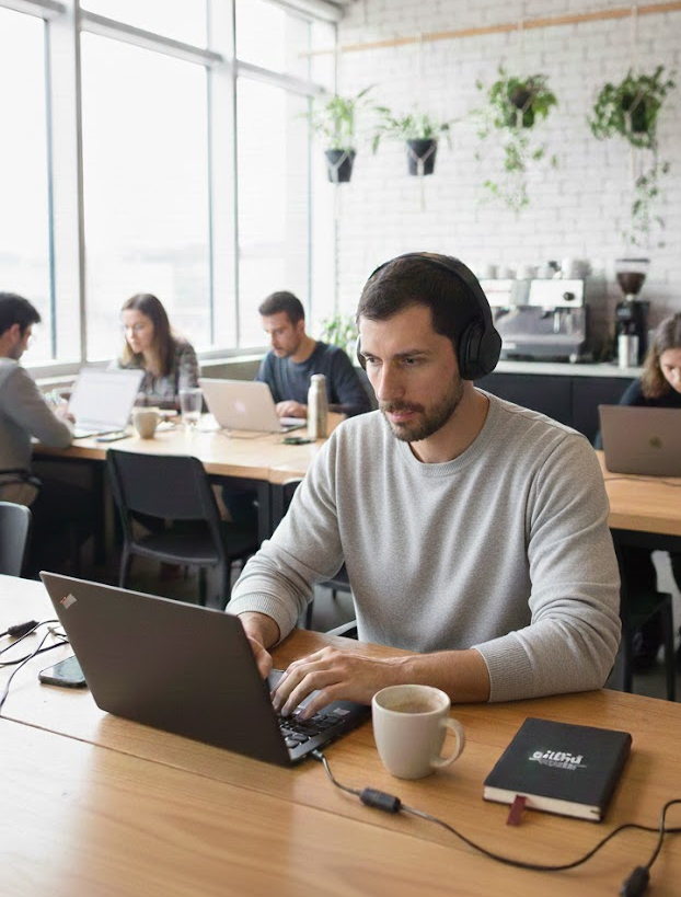 A focused man, Rafael Goldschmidt, Digital Marketing professional, works intently on a laptop in a modern office, Zorplan.