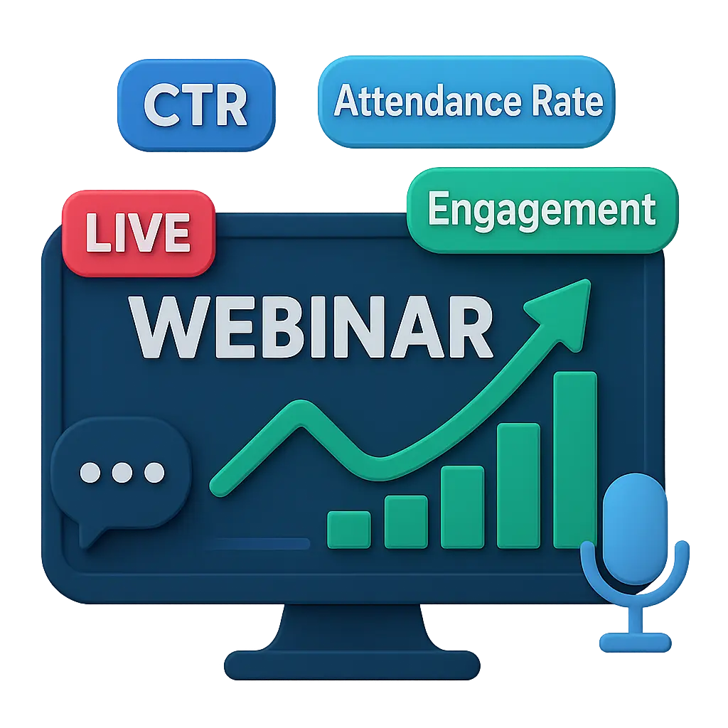 Dashboard 3D showing a Webinar screen with growth chart, “LIVE” tag, and metric cards for CTR, Attendance Rate and Engagement - Zorplan.